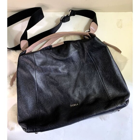 Furla Pebbled Leather Hobo Bag Black & Tan Medium-Large